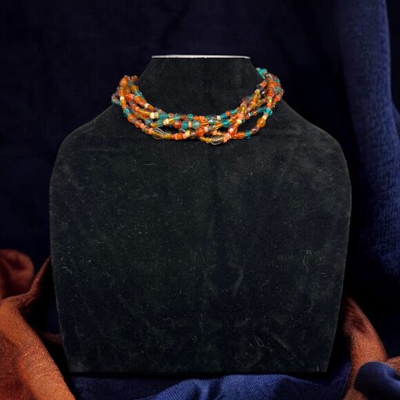 Boho Multi-Strand Beaded Necklace - Turquoise & Amber Tones - Picture 1 of 7